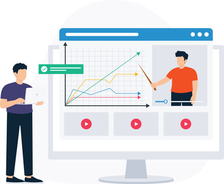 Online course on data analysis with man watching business webinar growth chart on computer screen for financial training investment strategy and e-learning concept