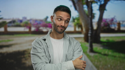 Fototapeta premium Young hispanic man standing outdoors in a green park with crossed arms looking thoughtful in a casual outfit against a blurred natural background.