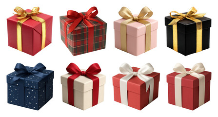 Obraz premium PNG Colorful gift boxes with ribbons, element set on transparent background