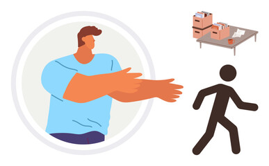 Person extending hands in understanding while man exits. Office desk with documents, boxes in background. Ideal for teamwork, transition, resignations, support, human values, management simple flat