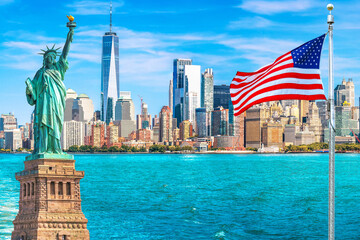 New York City downtown skyline collage view, Statue of Libery and USA flag