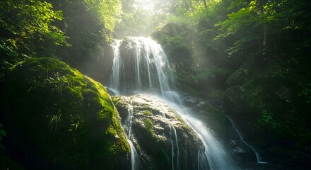 Ethereal Waterfall Cascading Over Mossy Rocks with Sun Rays in Dark Forest