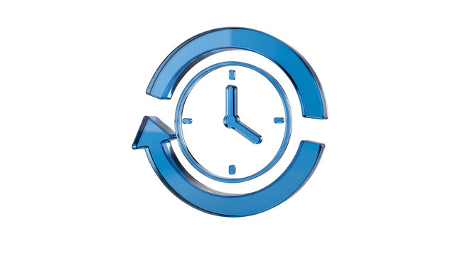 Title: 3D Blue Glass Time Management and Refresh Icon, Productivity and Update Concept
