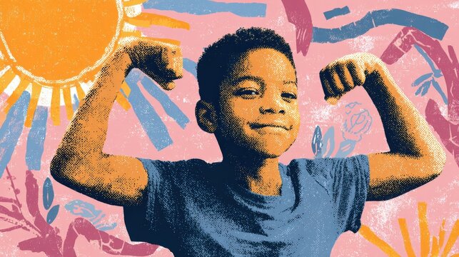 Young child displays confidence and strength by flexing bicep arms against a vibrant, textured background