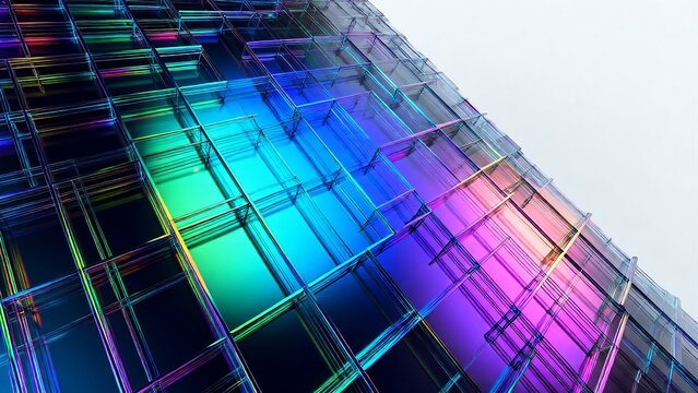 Dynamic multi-colored reflections on a modern glass facade, showcasing vibrant geometric patterns and futuristic architectural design in an abstract urban setting with luminous light play