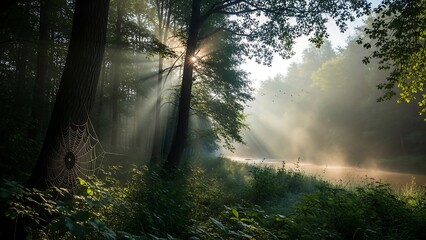 Sunlight Piercing Through Trees in a Misty Forest.
