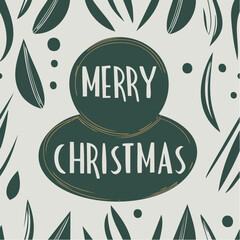 Obraz premium A festive hand-drawn design featuring bold red ‘Merry Christmas’ lettering framed by green foliage, pinecones, trees, red berries, and snowflakes on a cream background in a balanced holiday compositio