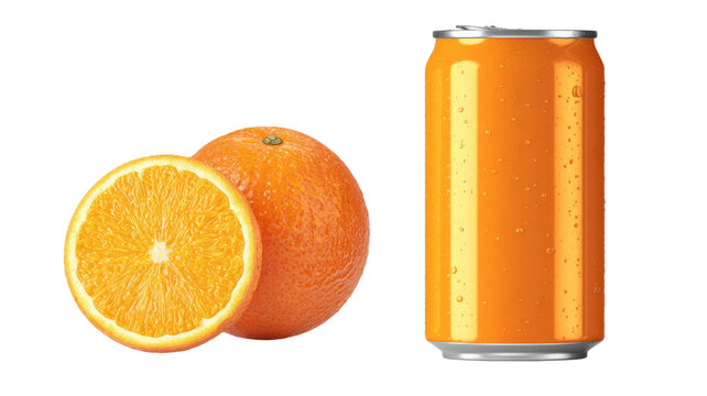  Beverage can of orange juice surrounded by fresh orange slices with vibrant color and condensation for refreshing drink photography isolated on white background