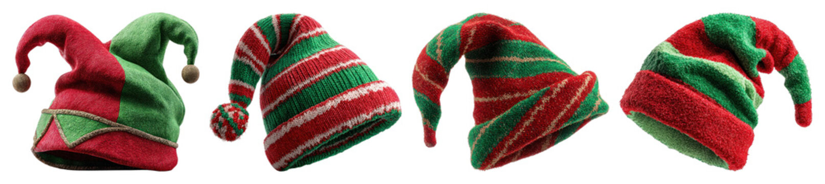 PNG Festive elf hats in stripes, element set on transparent background