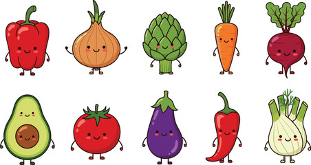 Cute cartoon vegetable character vector set featuring smiling colorful veggies like peppers, onions, artichokes, avocados, tomatoes, and carrots for healthy food designs © Sumon Creative