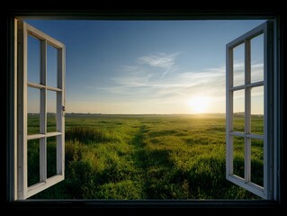 Bright sunrise viewed from an open window over a green field at dawn in a tranquil rural setting