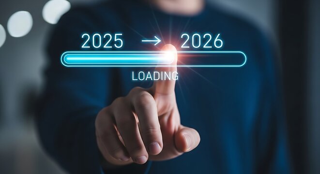 Finger touching glowing loading bar transitioning from 2025 to 2026 progress bar future