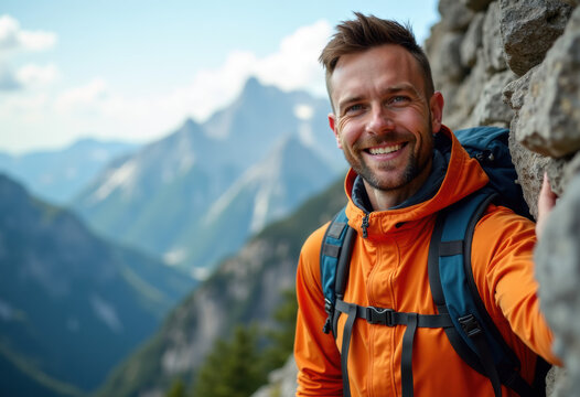 Man, portrait and climbing on mountain outdoor of fitness adventure, sport challenge and hiking. Male person, backpack and rocks support with trekking, balance and exercise activity of nature explore