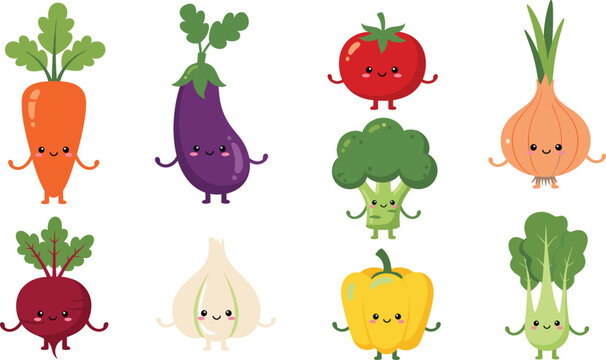 Cute cartoon vegetable character vector set featuring smiling healthy veggies like carrots, tomatoes, onions, broccoli, and peppers for kids and food-themed designs