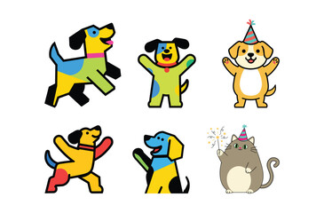 A cute vector-style cartoon dog celebrating the New Year with festive decorations, party hat, fireworks, and cheerful expressions.