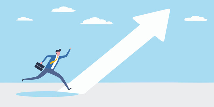 Businessman running upward arrow towards success and growth