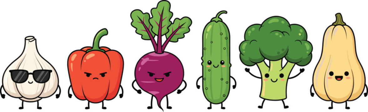 Cute cartoon vegetable characters with funny expressive faces, featuring garlic, pepper, beet, cucumber, broccoli, and squash in a playful vector illustration set