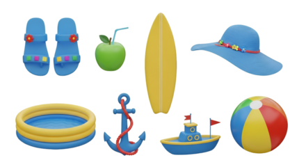 Collection of summer and beach vacation items, isolated on transparent background