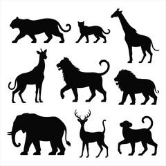 African Safari Animals Silhouettes Black on White Background Vector Graphics Keywords: animal