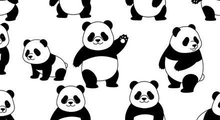 Fototapeta premium A cute seamless pattern featuring various cartoon giant pandas in different poses on a white background.