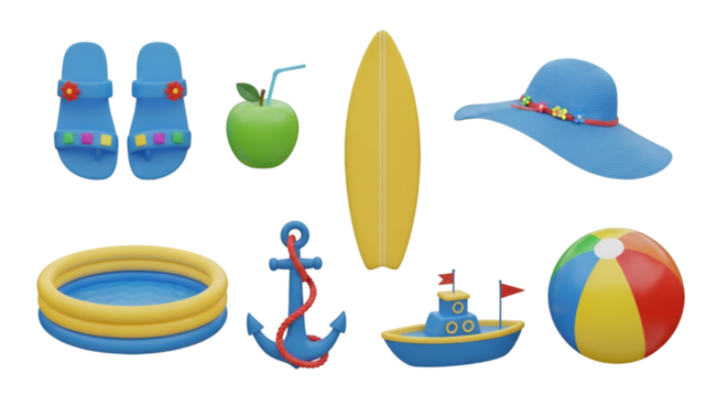Collection of summer and beach vacation items, isolated on transparent background