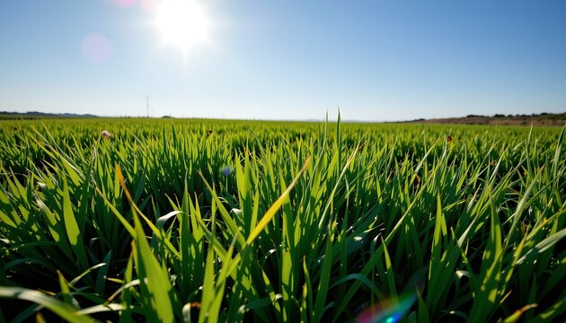 A tranquil rural landscape dominated by a large field of tall, green crops under a clear blue sky.
