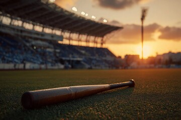 Sunset over a baseball field with a wooden bat resting on the grass during a game