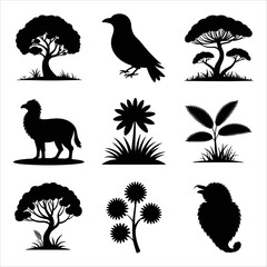 Collection of black silhouettes of trees birds and animals on white background Keywords: silhouette