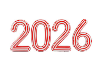 2026 candy cane striped digits in red and white isolated on transparent PNG background. Festive sweet typography for New Year and Christmas holiday cards, banners, posters, prints, 