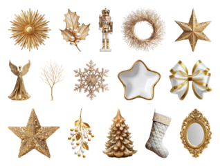 PNG Elegant gold Christmas decorations collection, element set on transparent background