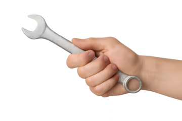 Hand holding a wrench for the concept of repair and maintenance.