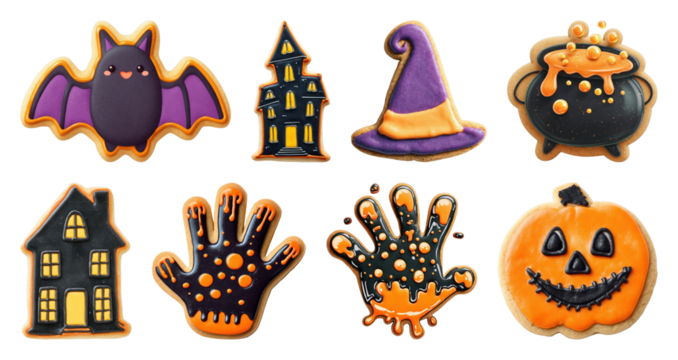 PNG Colorful Halloween-themed cookie designs, element set on transparent background