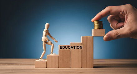 Wooden figure climbs education steps towards financial success with a hand placing coins on the top block symbolizing investment in knowledge and future prosperity on a wooden surface