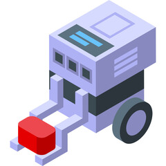 Isometric robotic device with red block in gripper and digital display on pastel background vector illustration