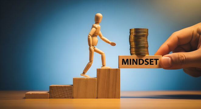 Wooden mannequin climbs steps toward mindset block with gold coins symbolizing growth success and financial goals on a blue background for business and motivational concepts