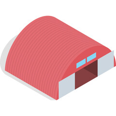 Isometric Red Quonset Hut Building With Light Blue Windows And Large Entrance On A Transparent Background