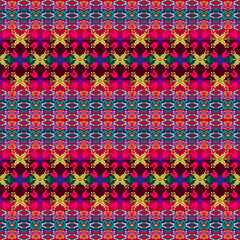 A vibrant, seamless abstract pattern featuring complex geometric and ornamental shapes in a rich color palette of magenta, royal blue, turquoise, and lime green on a deep burgundy background Ideal.