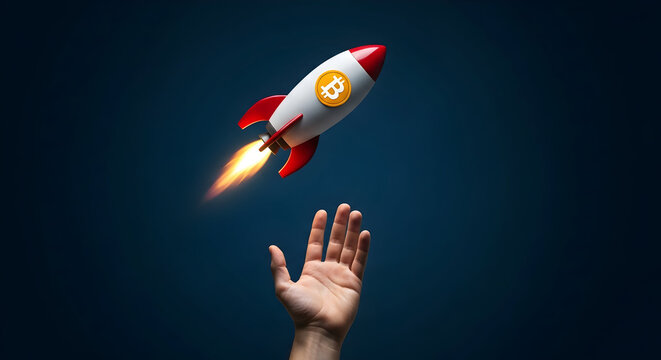 Bitcoin rocket soaring upwards with a hand reaching for it symbolizing cryptocurrency growth and investment opportunities in the digital economy on a dark blue background