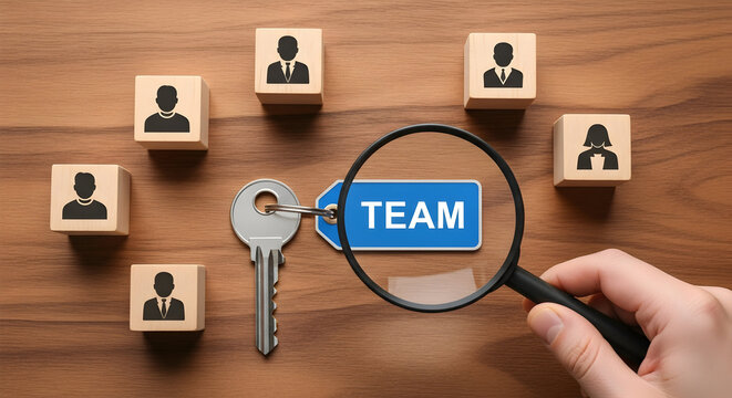 Wooden blocks with people icons and a team tag are arranged on a wood surface with a hand holding a magnifying glass to represent recruitment and team building for business success and growth