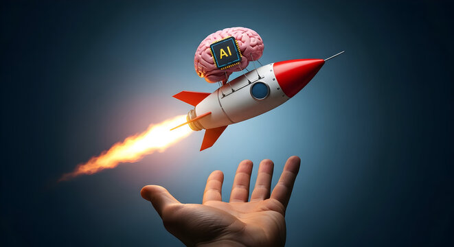 Ai brain on a rocket launching into the future symbolizing innovation and technological advancement with a hand reaching up representing human interaction and progress in technology