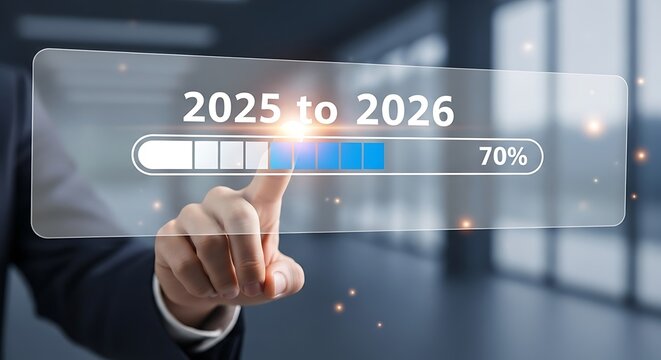 Businessman touches transparent screen showing progress bar from 2025 to 2026 at 70 percent future technology