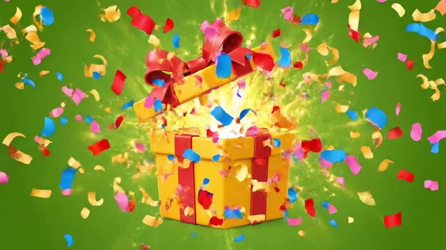 Animated yellow gift box with red bow sparkles magically, hinting at exciting surprises and festive celebrations in this dynamic video clip