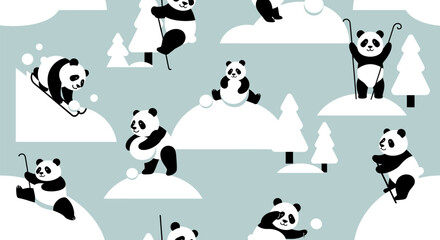Cute cartoon pandas enjoying various winter sports and activities in a seamless pattern on a light blue background.
