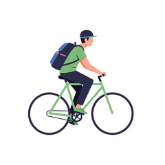 Cyclist with backpack rides bicycle on a sunny day for transportation.