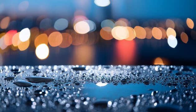 close up of water droplets on a wet surface with blurred city lights in the background - Powered by Adobe