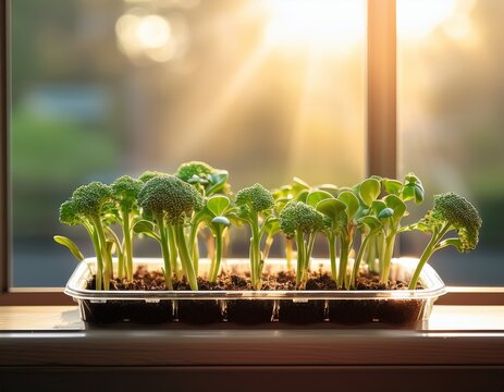 broccoli sprouts growing on windowsill