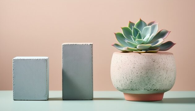 a succulent plant in a ceramic pot flanked by two concrete blocks on a soft pastel background - Powered by Adobe