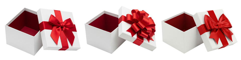 Set of white gift boxes with red ribbon bows isolated on white