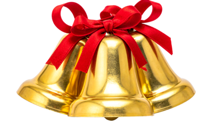 Three shiny golden christmas bells tied with bright red ribbons, festive decoration isolated on white