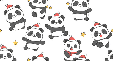 Fototapeta premium Cute cartoon pandas wearing festive Santa hats and scarves, surrounded by stars on a white background, creating a cheerful holiday pattern.